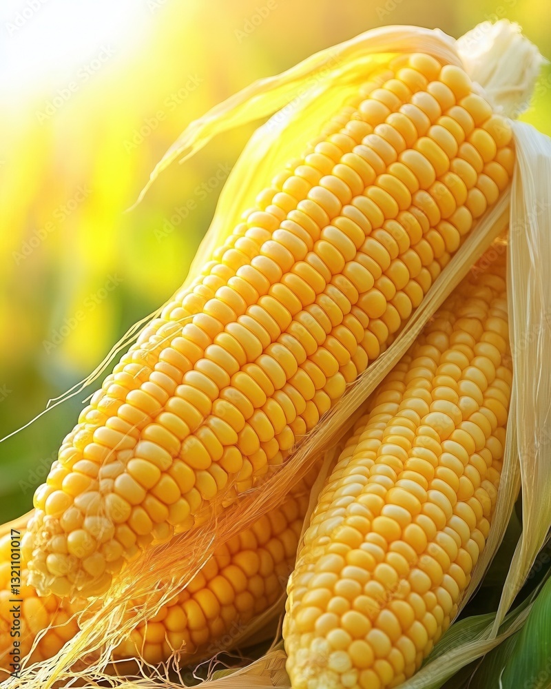 Aufkleber close-up of ripe corn cobs with vibrant yellow kernels attached to stalks in a golden field under so