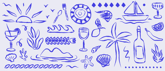 Italian or greek style vacation hand drawn vector illustrations in grunge scribble rough doodle sketch style elements. Lemon, palm tree vacation in chalk charcoal style. Drawings for poster, placard.