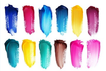 Naklejka premium Set of abstract blue red yellow pink purple brown green paintbrush strokes isolated on white background