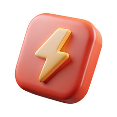 thunder flash icon bolt icon plastic 3D render,3D render, lightning bolt icon, soft rounded square button, coral pink background, golden yellow lightning symbol, 
