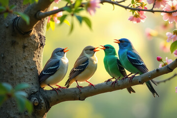 Obraz premium Colorful Birds Singing on a Tree Branch – Vibrant Feathers, Spring Blossoms, and Nature Harmony in Warm Golden Sunlight
