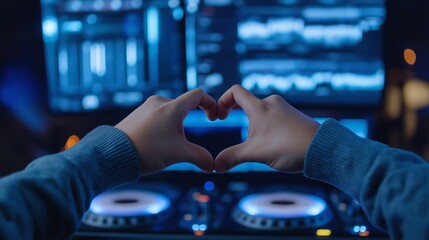 Radio DJ shows love to listeners with heart gesture in DJ booth during late-night session
