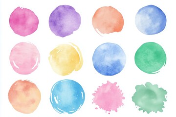 Set of colorful watercolor brush strokes, paint blots, and circles isolated on a white background