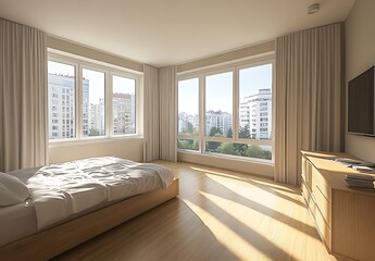 Fototapeta premium Bright Modern Bedroom with City View and Large Windows