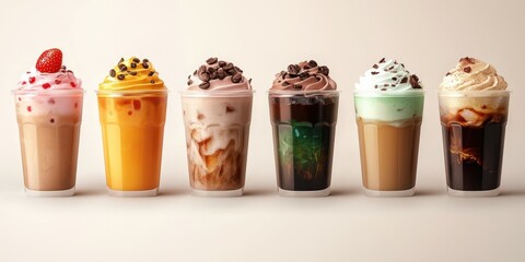 Assorted colorful iced beverages with toppings displayed on a neutral background