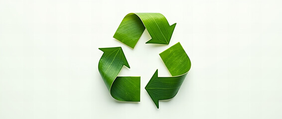 Obraz premium Eco-Friendly Recycling Symbol Made of Green Leaves on White Background Representing Sustainability and Environmental Awareness