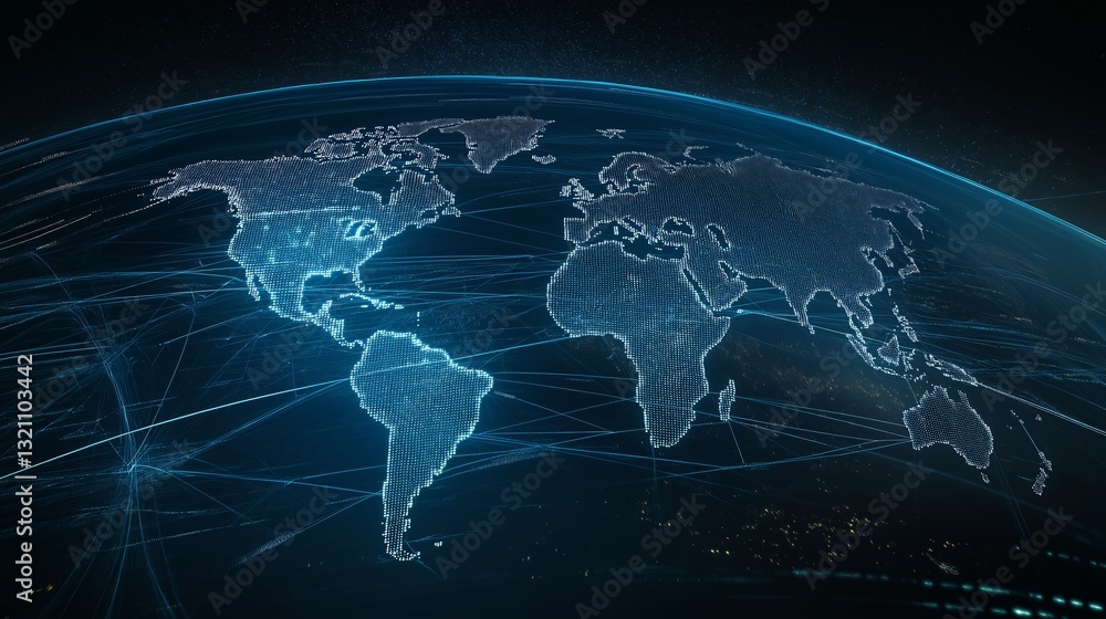 Poster global connectivity through radio waves across continents in a digital network representation