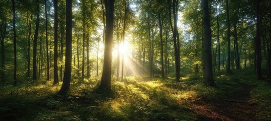 Sunbeams piercing a tranquil forest