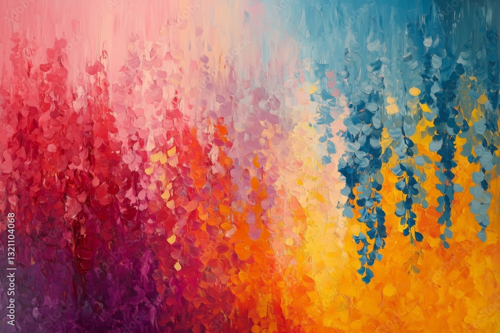 Poster the image features an abstract splash of colors blending seamlessly from red and pink hues on the le