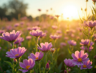 Obraz premium A serene landscape of a wildflower meadow illuminated by the first rays of sunlight.