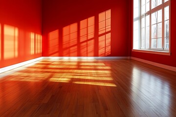 Obraz premium Bright Red Room Sunlight Hardwood Floor Interior Design