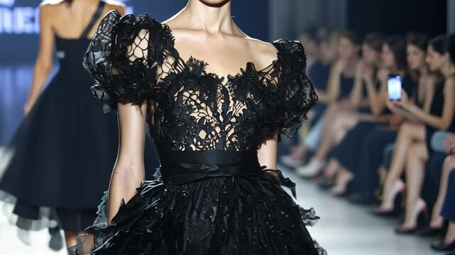Elegant black lace dress on runway, captivating fashion show presentation spectacle
