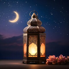 Ramadan Lantern with Crescent Moon and Starry Sky at Dusk