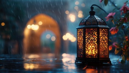 Rainy night, warm lantern.  A decorative lantern, warm light, glows in the rain