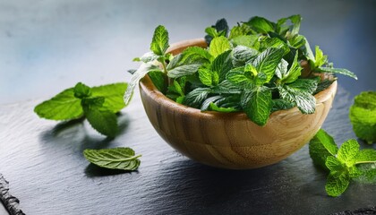 Mint and Herbs in Wooden Bowl 
