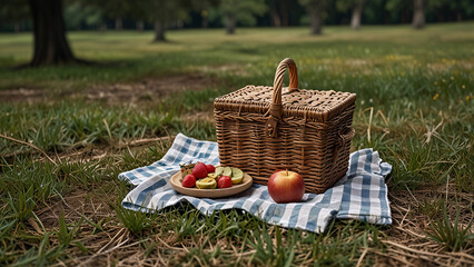 picnic with basket. summer picnic on green grass