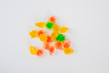 Assorted gummy candies, Juicy colorful jelly sweets. Gummy candies on white background