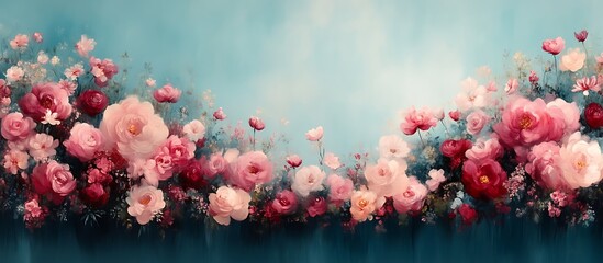 Floral Arrangement with Pink Roses Against a Soft Blue Background