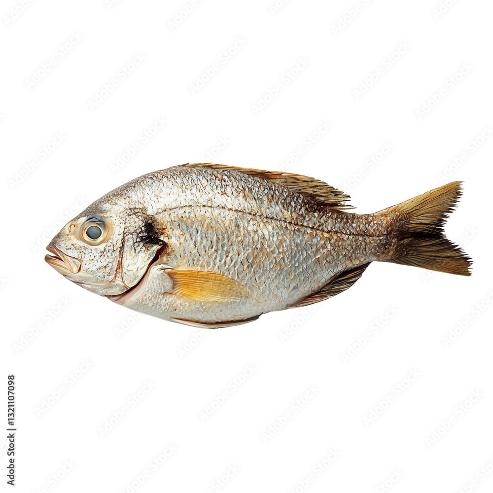 Poster a detailed image of a pomadasys fish with a shimmering silver body and distinct features. isolated o