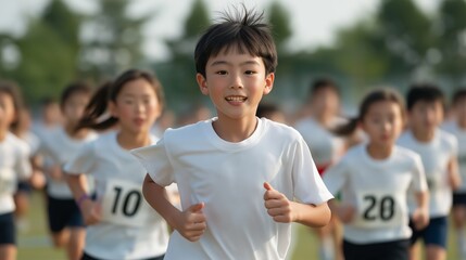 Japanese kids participate in a relay race during a school sports event