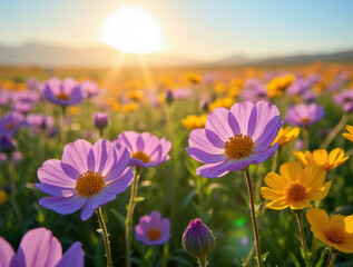 Obraz premium A mesmerizing scene of a lush meadow filled with bright flowers under the gentle morning sky.