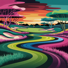 Abstract and Artistic image - A vibrant, abstract golf course painting with swirling colors, twisting fairways, a sunset sky, and fluid shapes of trees and bunkers, evoking energy and playfulness.
