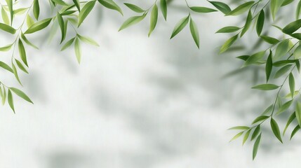 Lush green leaves frame a bright, airy background