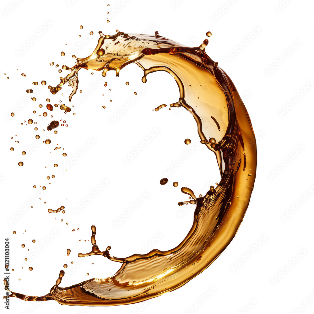 Poster golden liquid splash on transparent. abstract wave of flowing liquid with drops and splashes. ideal 