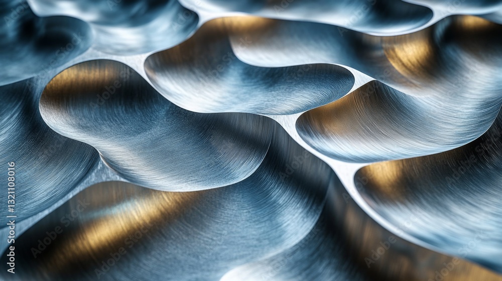 Leinwandbilder Close-up view of a metal surface with intricate, wavy patterns reflecting light, highlighting advanced machining and engineering processes used in manufacturing steel and aluminum components.