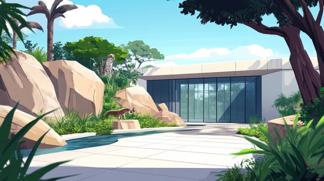 Outdoor zoo exhibit with modern building