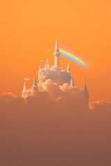 Surreal scene of Beautiful white castle with spires atop clouds under orange sky. Colorful rainbow beside fantasy castle scene.