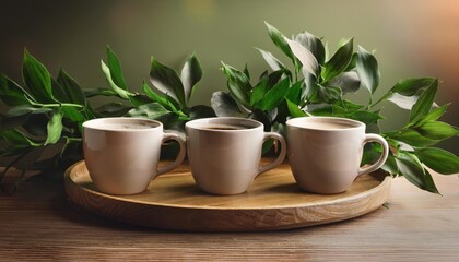 coffee cups on wooden tray with greenery for cozy cafes or home decor