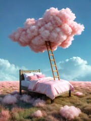 Surreal scene of Pink cloud hovering above bed with wooden ladder in dreamy field. Blue sky and fluffy pink clouds surrounding fantasy bed scene.