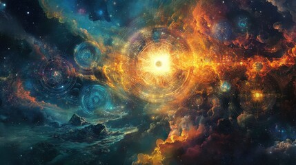 Fototapeta premium A cosmic-inspired depiction of spiritual peace, with sacred symbols radiating energy and connecting through light