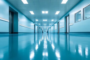 Obraz premium Clean Hospital Corridor, Bright Blue Walls, Shiny Floor