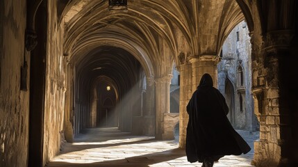 A dramatic interplay of light and shadow highlighting a hooded wanderer in a medieval cloister