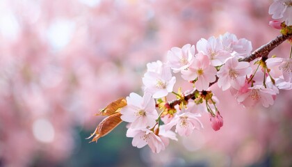 Fototapeta premium cherry blossoms in full bloom with a diagonal branch, delicate pink petals, blurred bokeh background in pastel colors, serene spring beauty