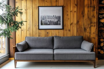 Cozy living room with wooden accent wall and gray sofa