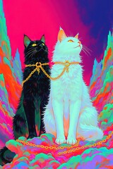 Black and white cats with golden chains sitting in vibrant, colorful landscape. Bright pink and blue background with two cats looking up.
