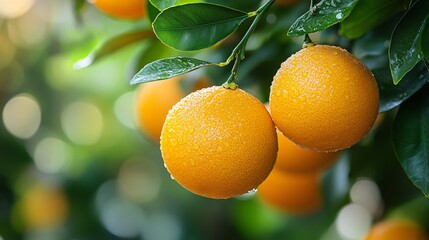 Photography of oranges hanging from a tree, bright and vibrant