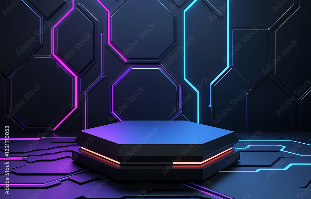 Aufkleber futuristic neon display platform tech studio digital background cyber environment low angle innovati