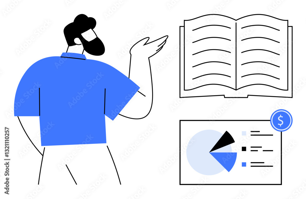 Poster businessman explaining graph data using pie chart and financial insights, accompanied by open book. 