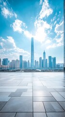 Obraz premium Bright sunlight bathes the sleek skyscrapers of a bustling metropolis as fluffy clouds drift across a brilliant blue sky, showcasing urban beauty and architectural marvels