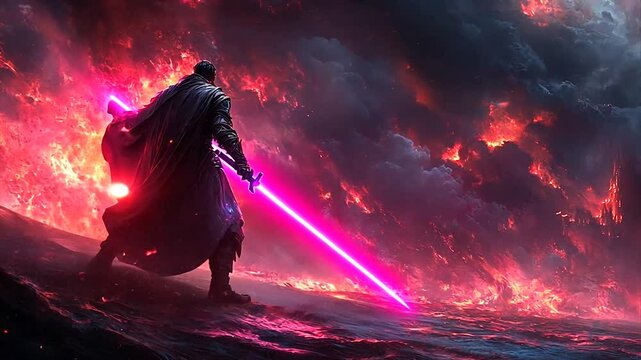 A lone warrior stands against a fiery landscape, wielding a glowing sword