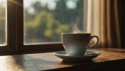 Fototapeta premium Warm cup of coffee resting on a table beside a sunlit window in the morning