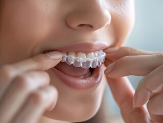 Patient adjusting invisalign clear aligner dental office health care indoor close-up oral hygiene awareness