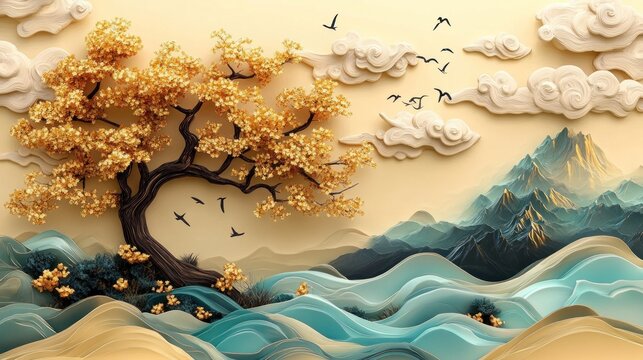 Golden tree, soft clouds, and misty mountains