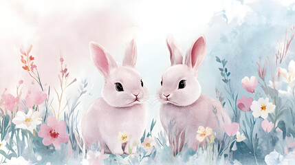 Obraz premium Soft pastel Easter bunnies with floral motifs, hand-drawn for gentle and charming designs.