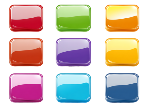 Set of Glossy Square Buttons with Rounded Corners, Colorful UI Elements in white & transparent