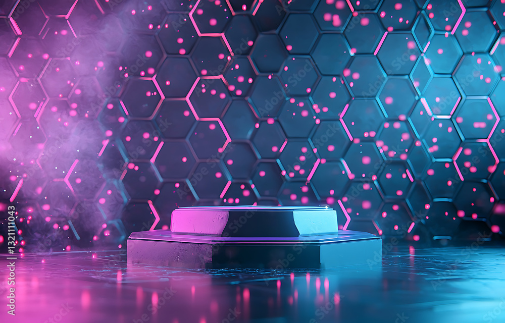 Poster dynamic neon light display on hexagonal wall studio setting digital art futuristic atmosphere close-